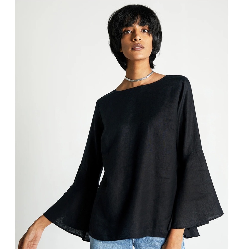 Reistor Black 100% Hemp Button Back Bell Sleeve Shirt Top Size Medium‎